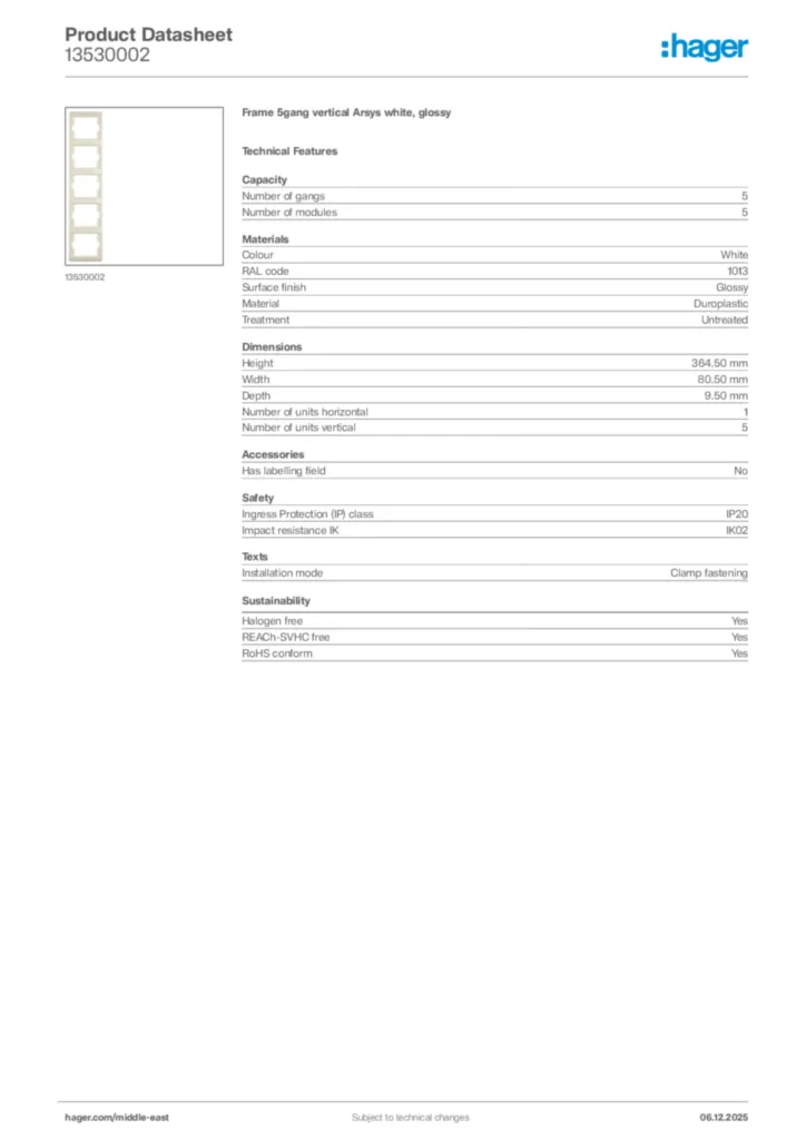 Image Hager Product data sheet 13530002  | Hager