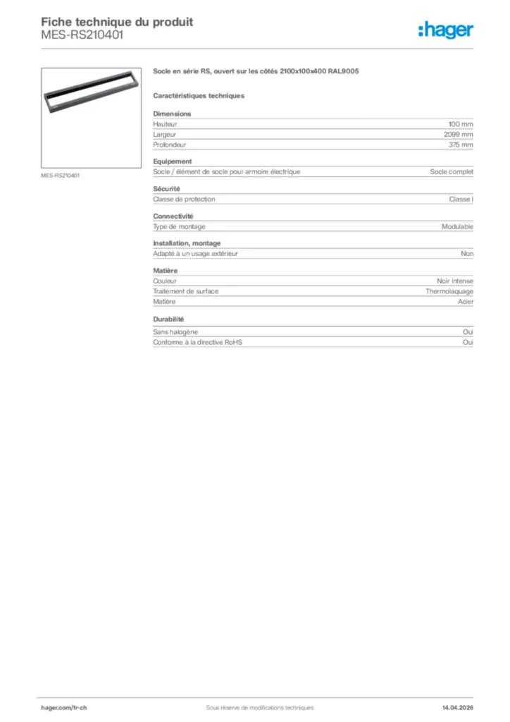 Image Hager Fiche technique du produit MES-RS210401 | Hager Suisse