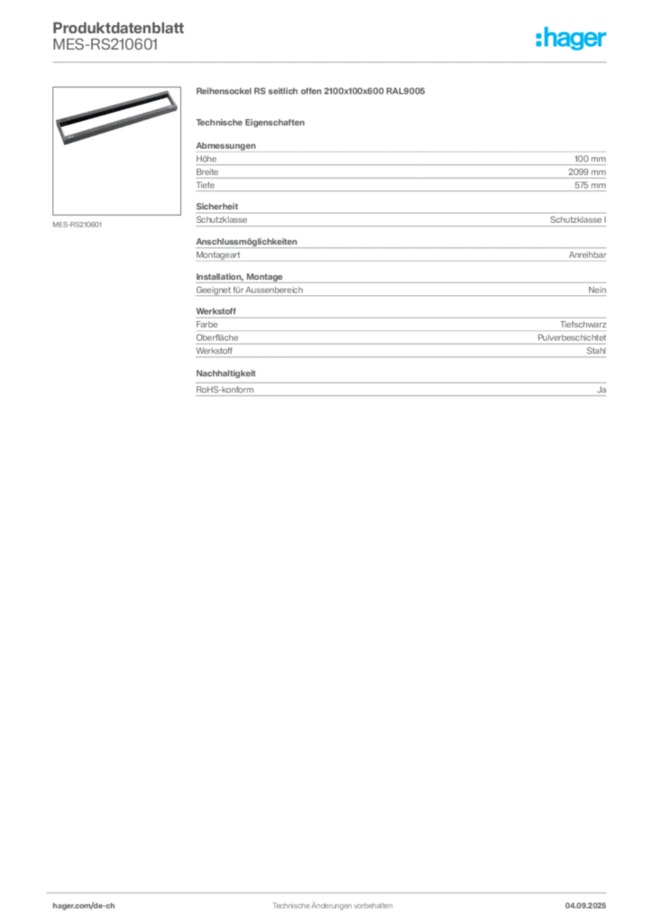 Bild Hager Produktdatenblatt MES-RS210601 | Hager Schweiz