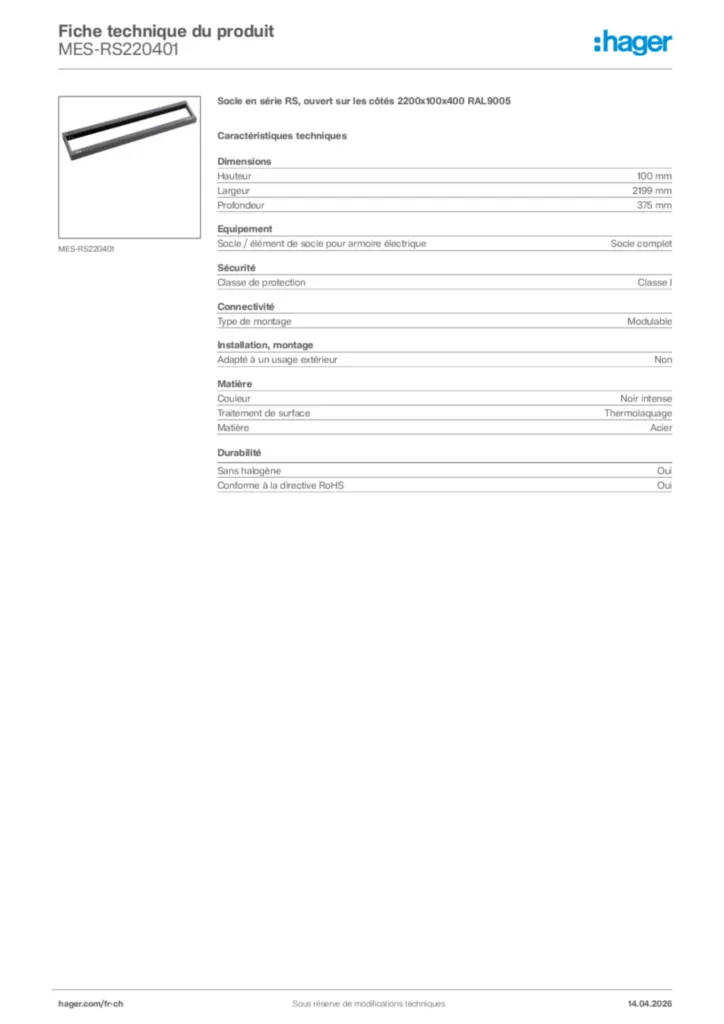 Image Hager Fiche technique du produit MES-RS220401 | Hager Suisse