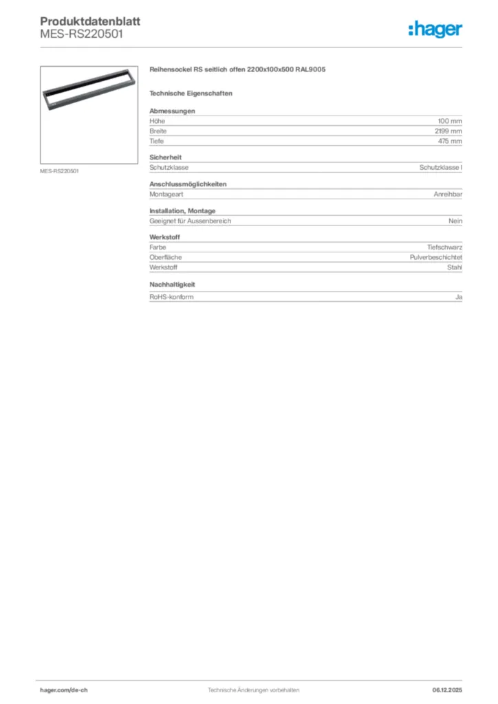 Bild Hager Produktdatenblatt MES-RS220501 | Hager Schweiz