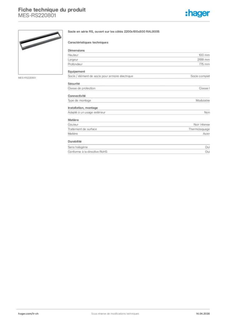 Image Hager Fiche technique du produit MES-RS220801 | Hager Suisse
