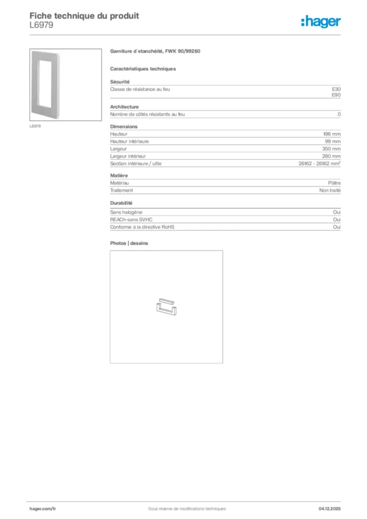 Image Hager Fiche technique du produit L6979 | Hager France