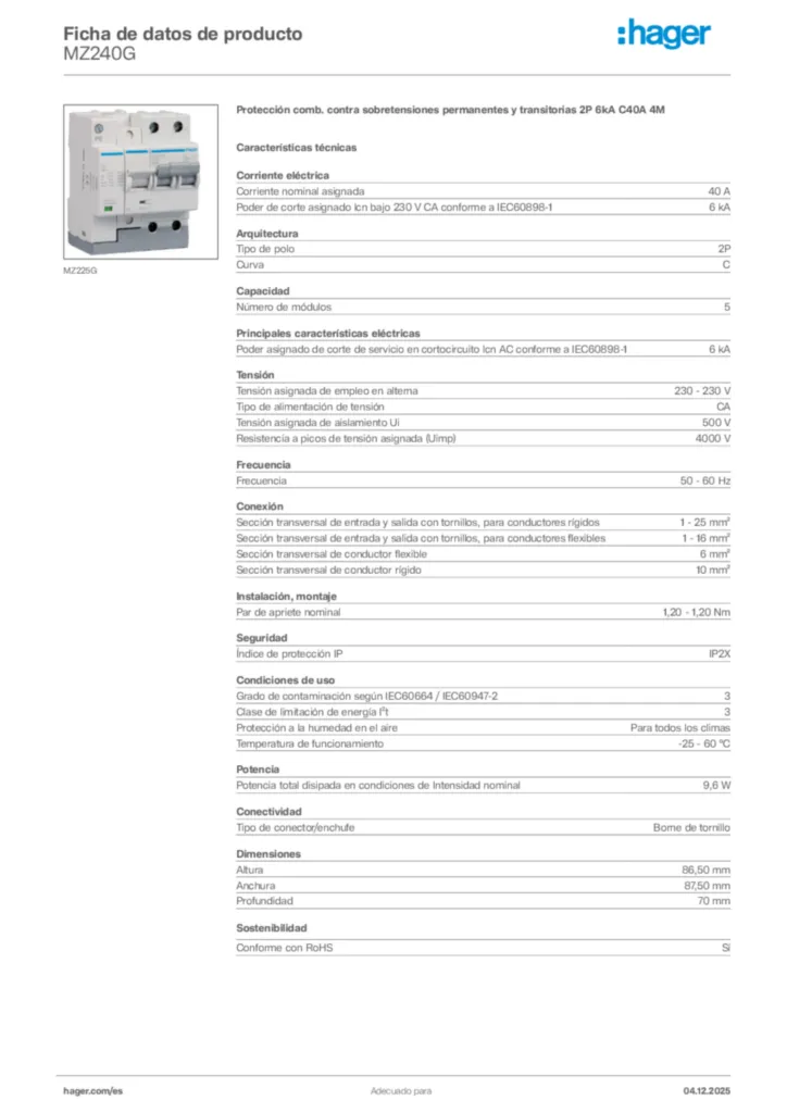 Imagen Hager Ficha de datos de producto MZ240G | Hager España