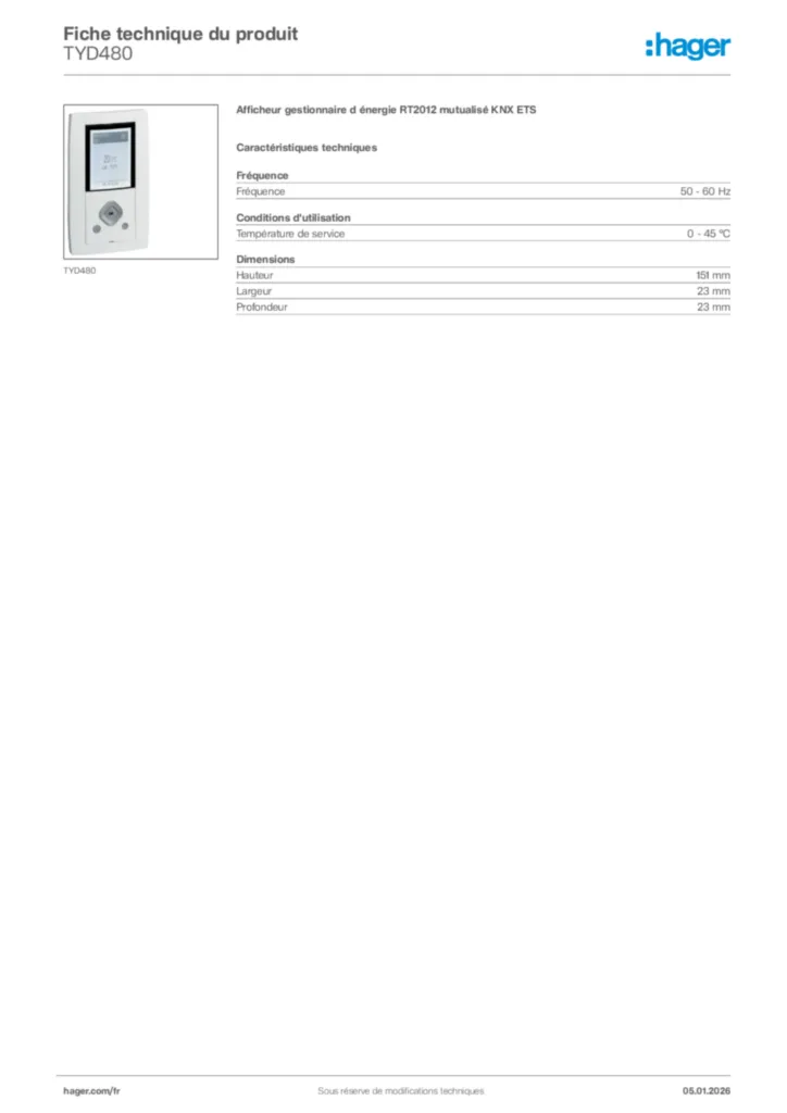 Image Hager Fiche technique du produit TYD480 | Hager France
