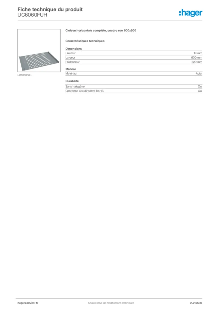 Image Hager Fiche technique du produit UC6060FUH | Hager Afrique