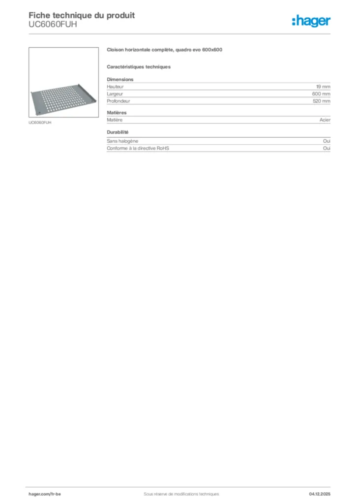 Image Hager Fiche technique du produit UC6060FUH | Hager Belgique