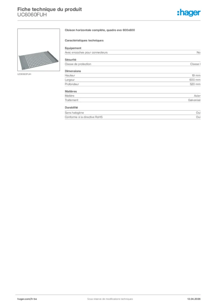 Image Hager Fiche technique du produit UC6060FUH | Hager Belgique