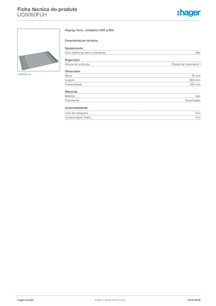 Imagem Hager Ficha técnica do produto UC6060FUH | Hager Portugal