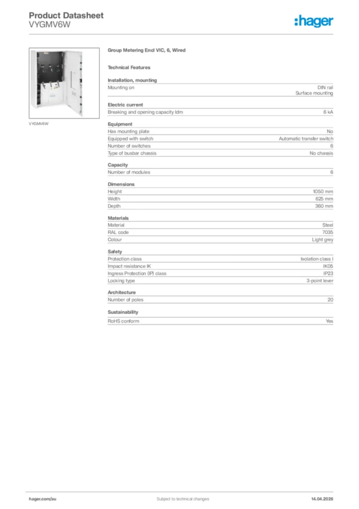 Image Hager Product data sheet VYGMV6W  | Hager Australia