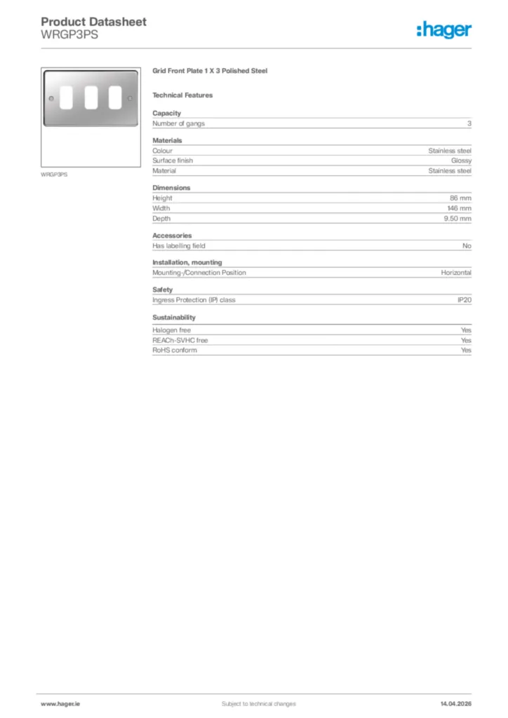 Image Hager Product data sheet WRGP3PS  | Hager