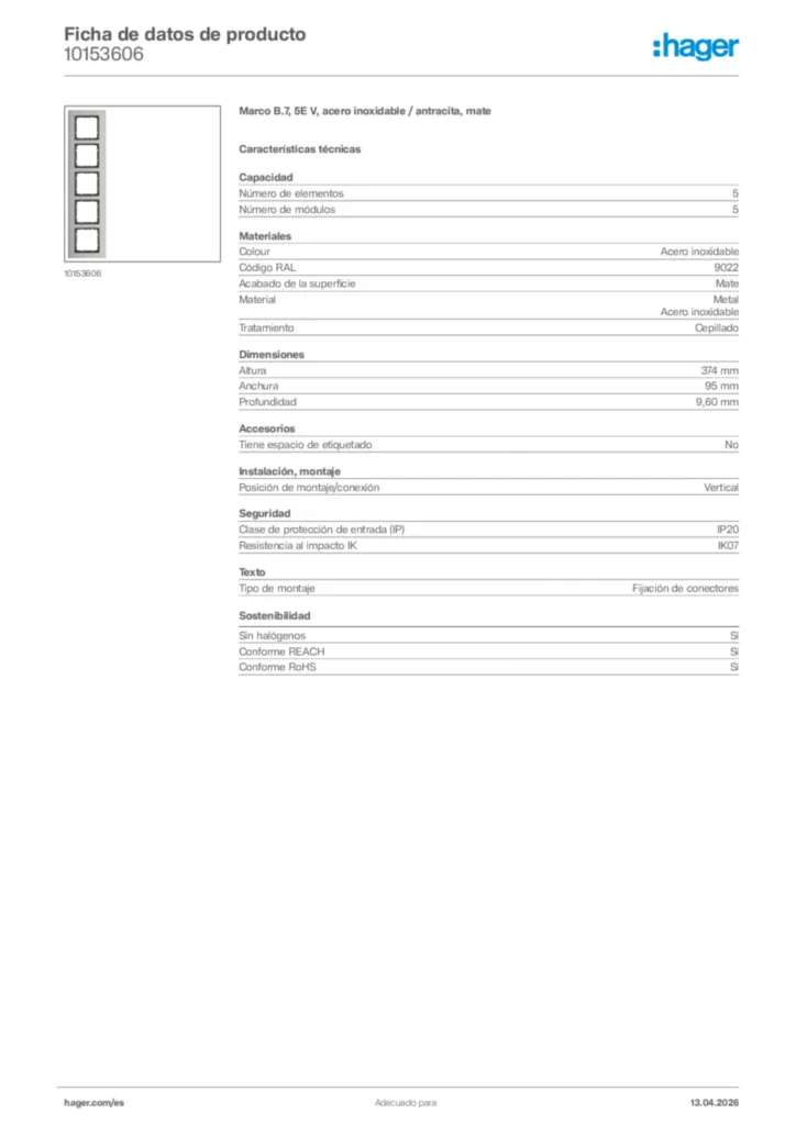 Imagen Hager Ficha de datos de producto 10153606 | Hager España