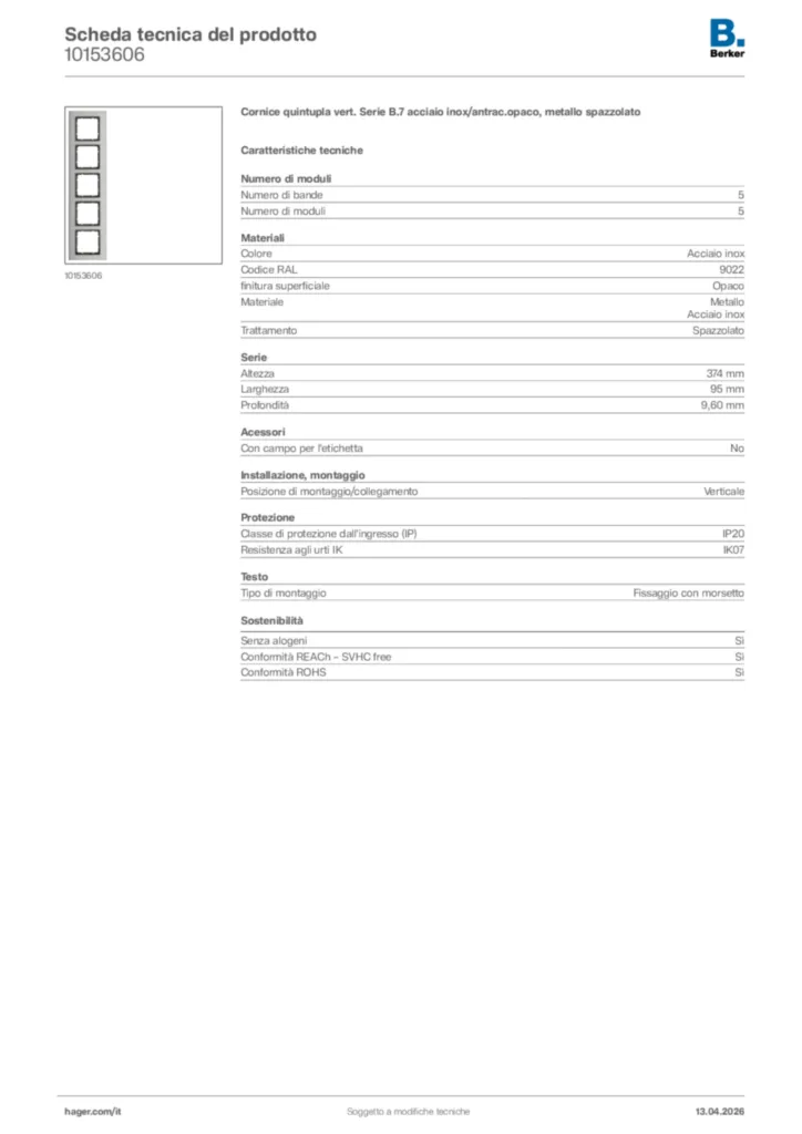 Immagine Berker Scheda tecnica del prodotto 10153606 | Hager Italia