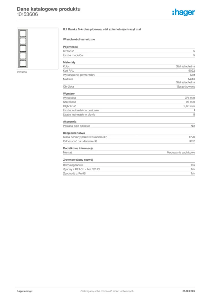 Zdjęcie Hager Dane katalogowe produktu 10153606 | Hager Polska
