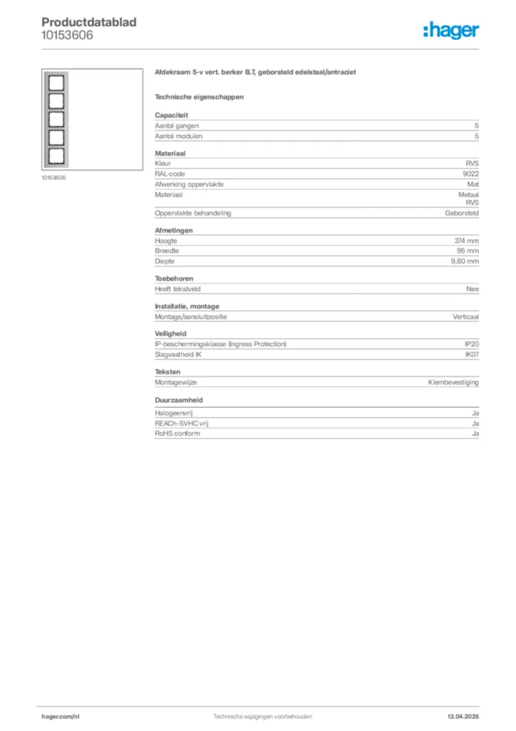 Afbeelding Hager Productdatablad 10153606 | Hager Nederland