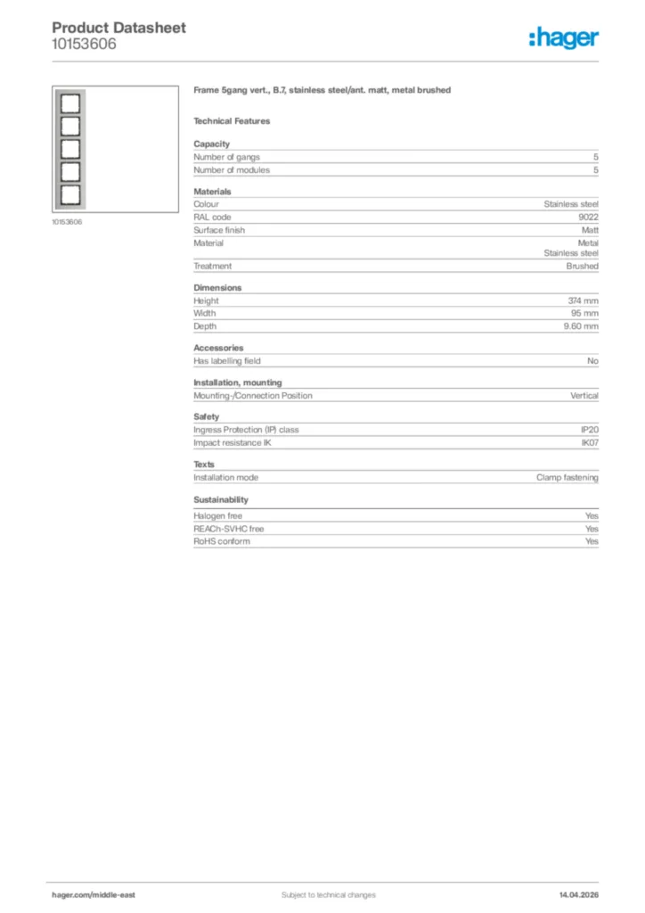 Image Hager Product data sheet 10153606  | Hager