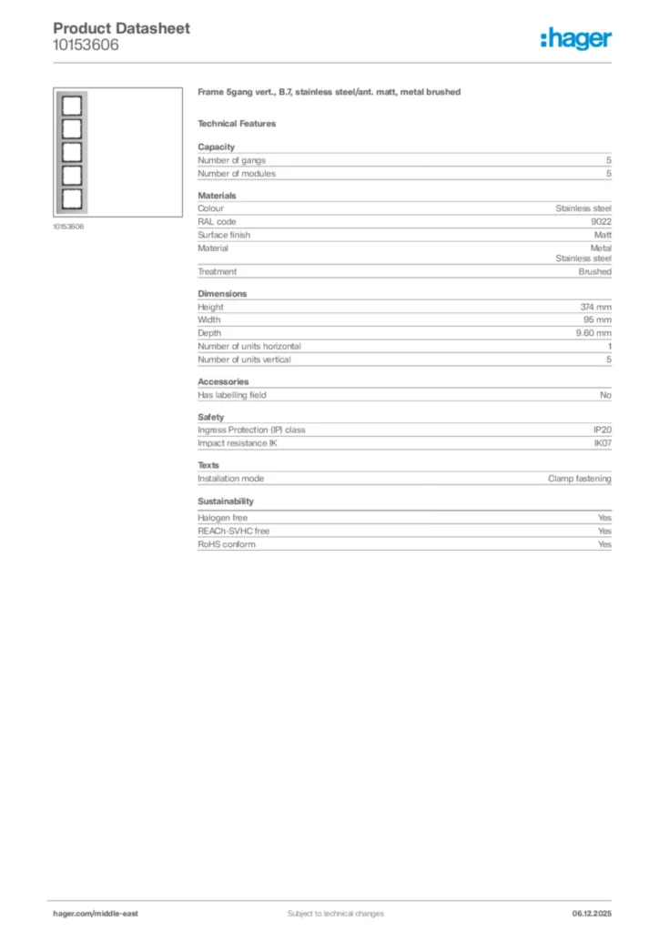 Image Hager Product data sheet 10153606  | Hager
