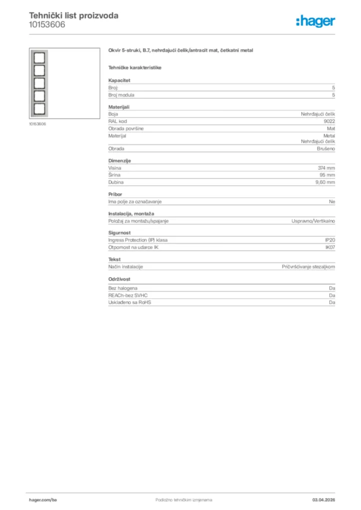 Slika Hager Tehnički list proizvoda 10153606  | Hager