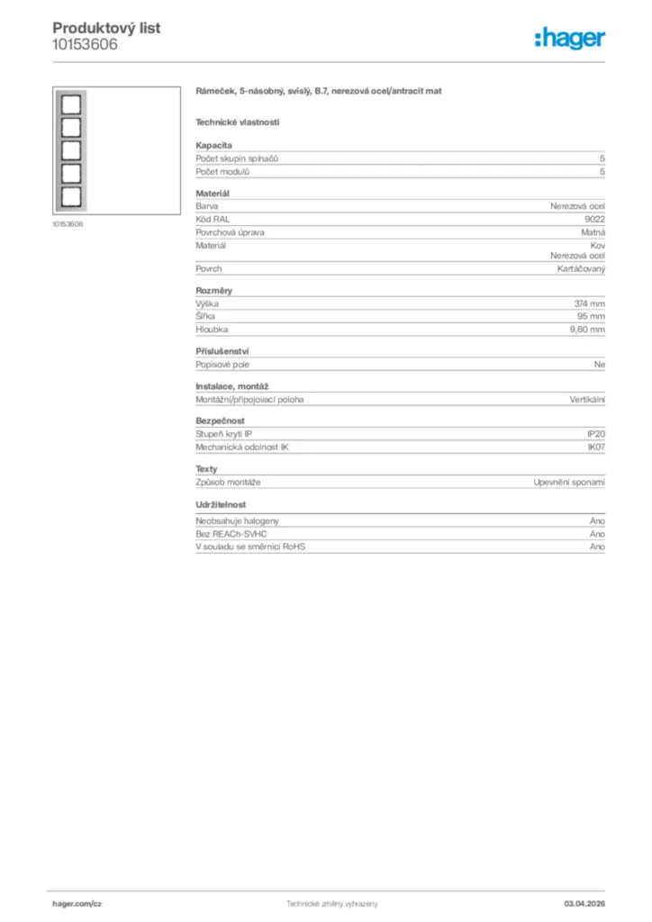Obrázek Hager Product data sheet 10153606 | Hager