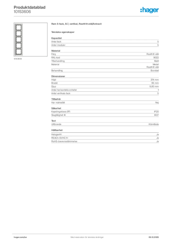 Bild Hager Produktdatablad 10153606 | Hager Sverige