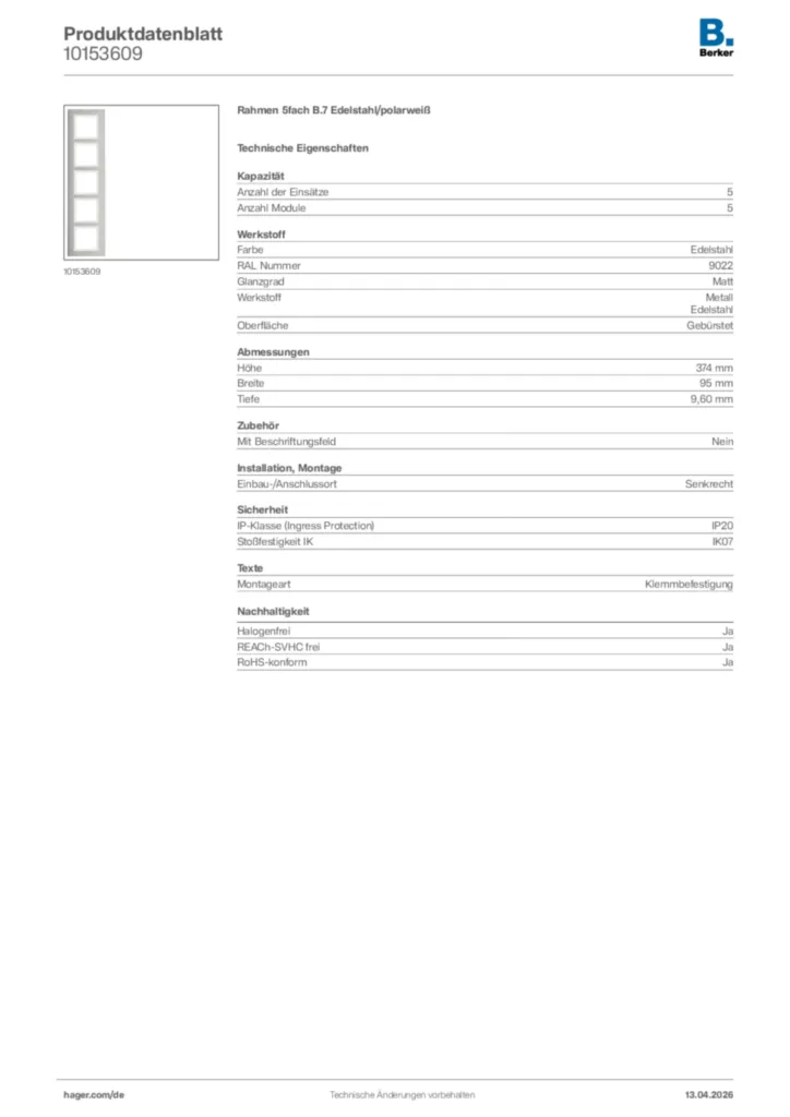 Bild Berker Produktdatenblatt 10153609 | Hager Deutschland