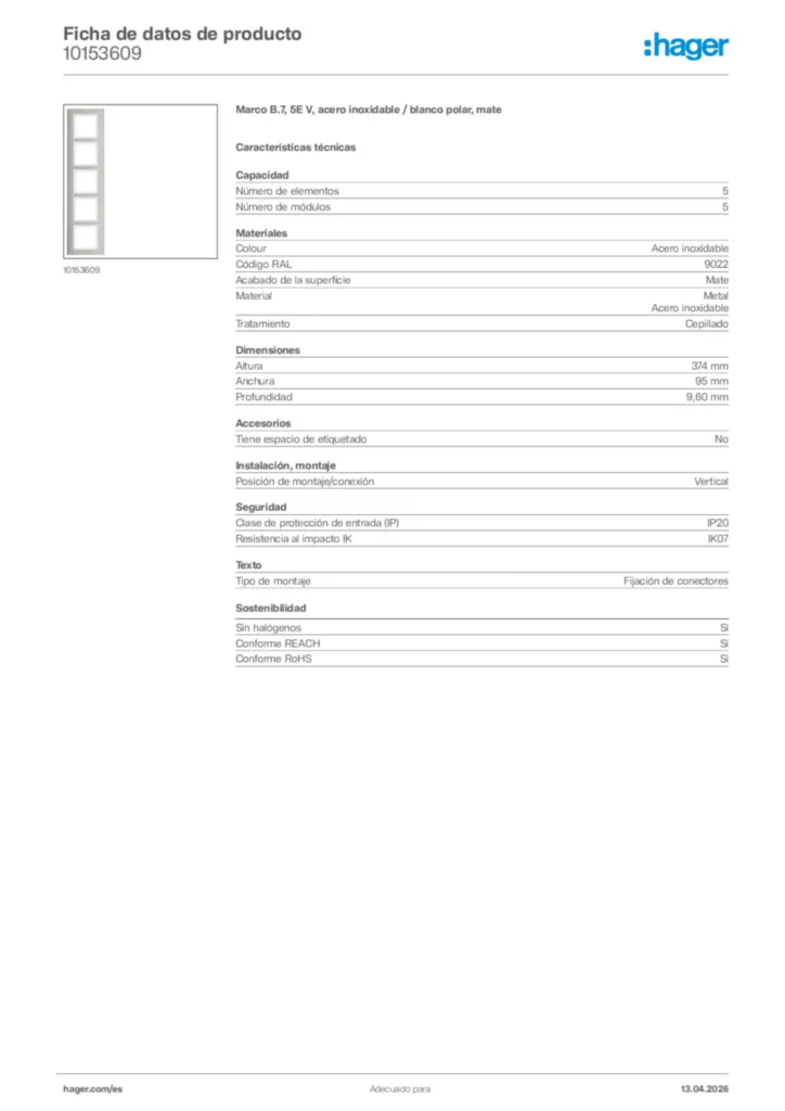 Imagen Hager Ficha de datos de producto 10153609 | Hager España