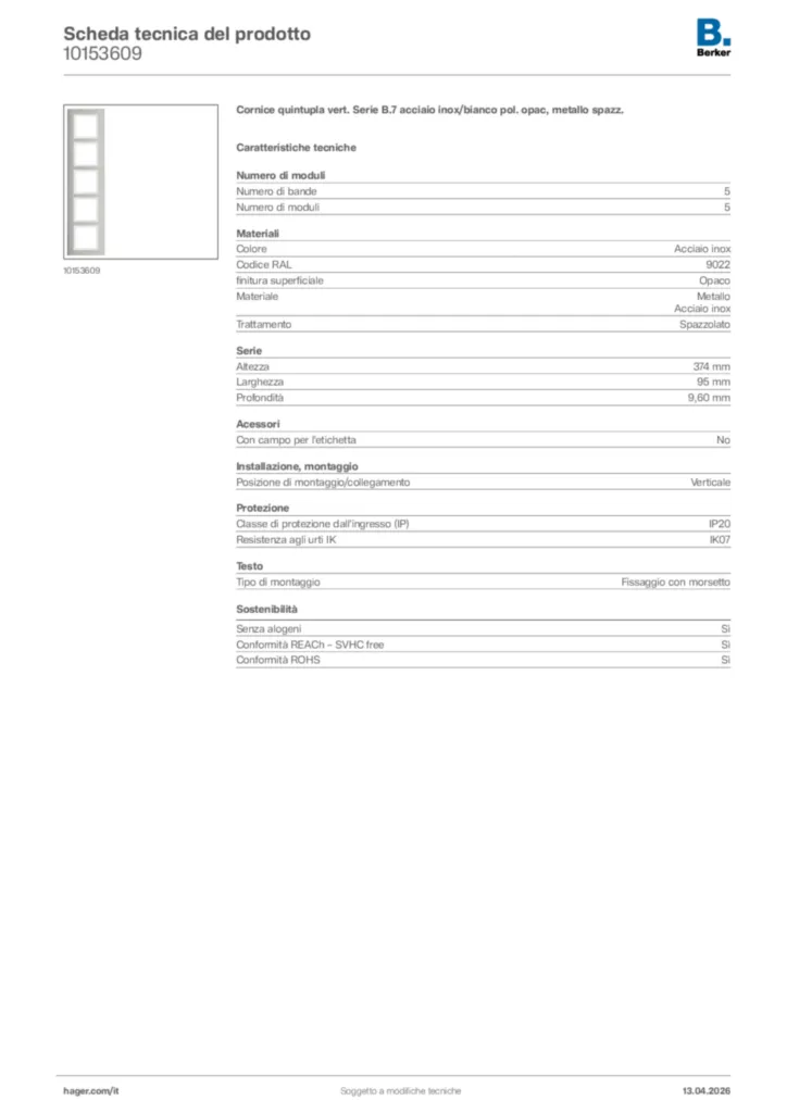Immagine Berker Scheda tecnica del prodotto 10153609 | Hager Italia