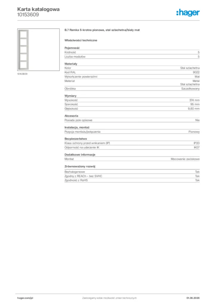 Zdjęcie Hager Karta katalogowa 10153609 | Hager Polska