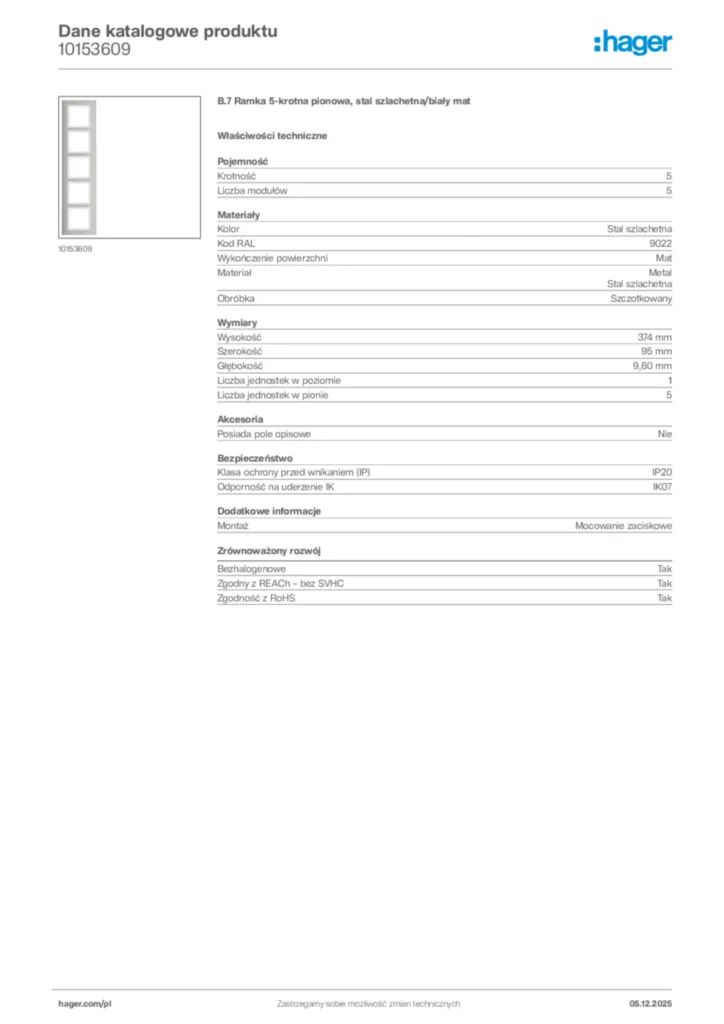 Zdjęcie Hager Dane katalogowe produktu 10153609 | Hager Polska