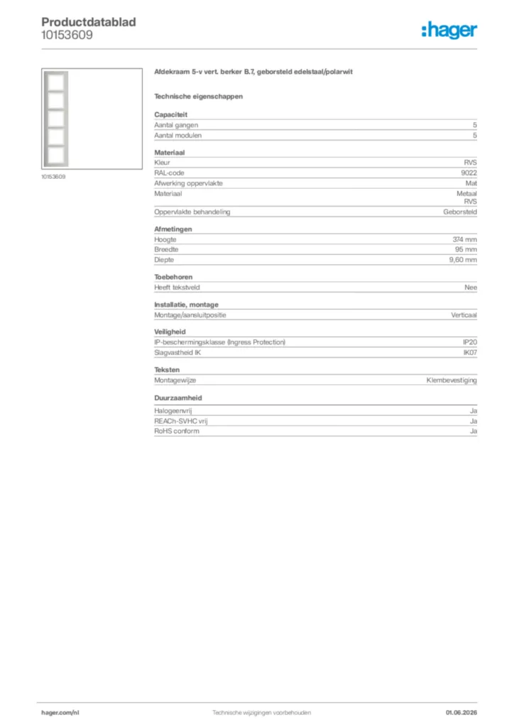 Afbeelding Hager Productdatablad 10153609 | Hager Nederland