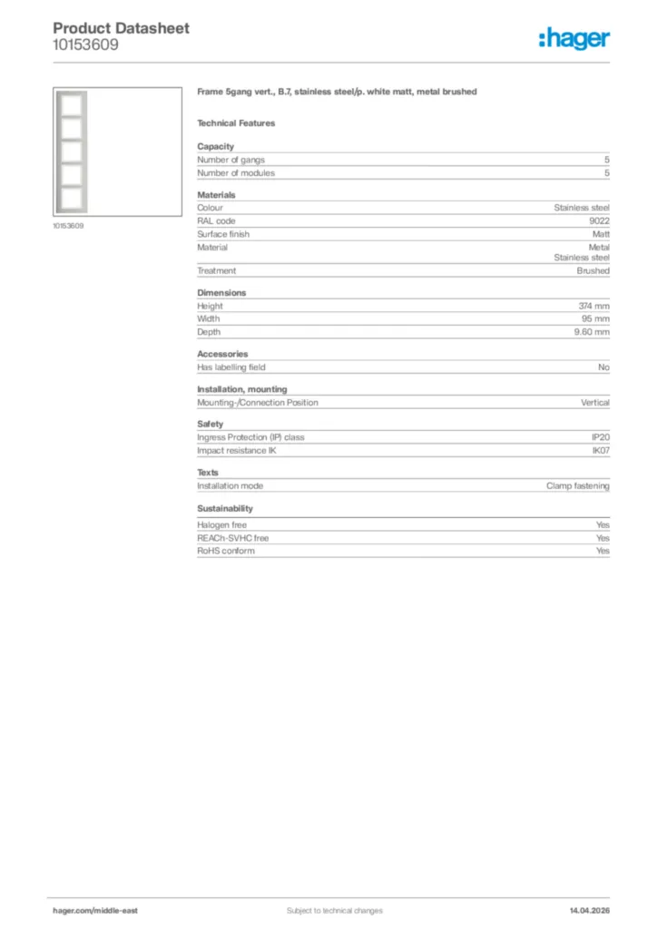 Image Hager Product data sheet 10153609  | Hager