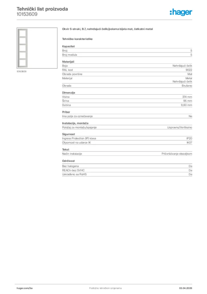 Slika Hager Tehnički list proizvoda 10153609  | Hager