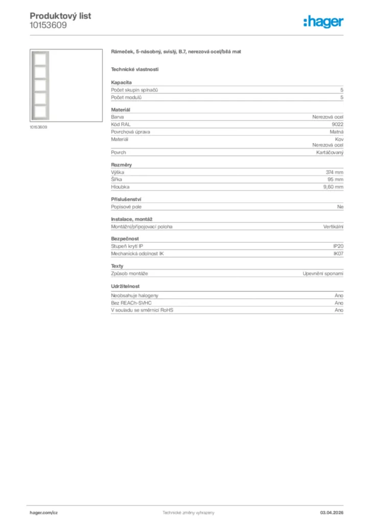 Obrázek Hager Product data sheet 10153609 | Hager