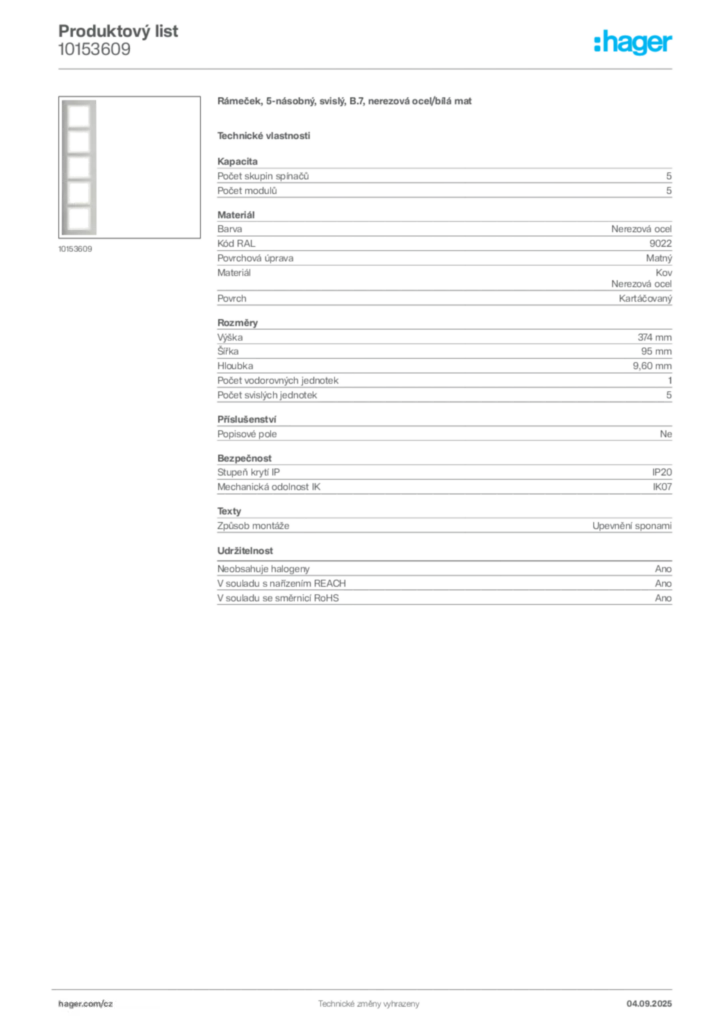 Obrázek Hager Produktový list 10153609 | Hager