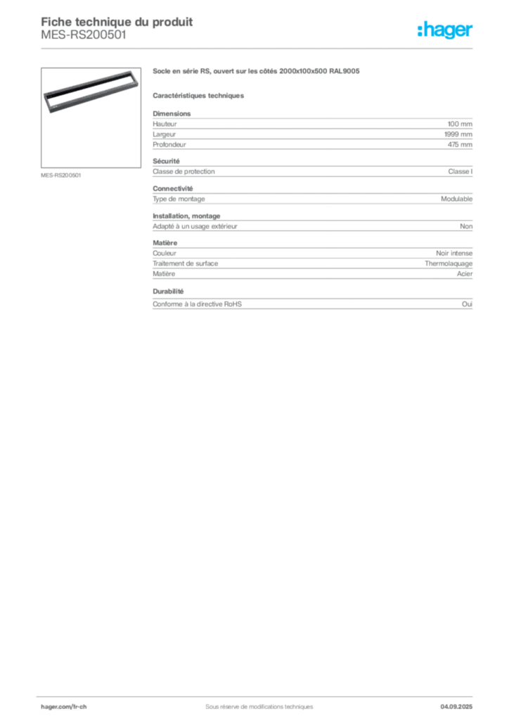 Image Hager Fiche technique du produit MES-RS200501 | Hager Suisse