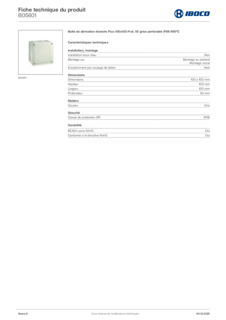 Image Iboco Fiche technique du produit B05601 | Hager France