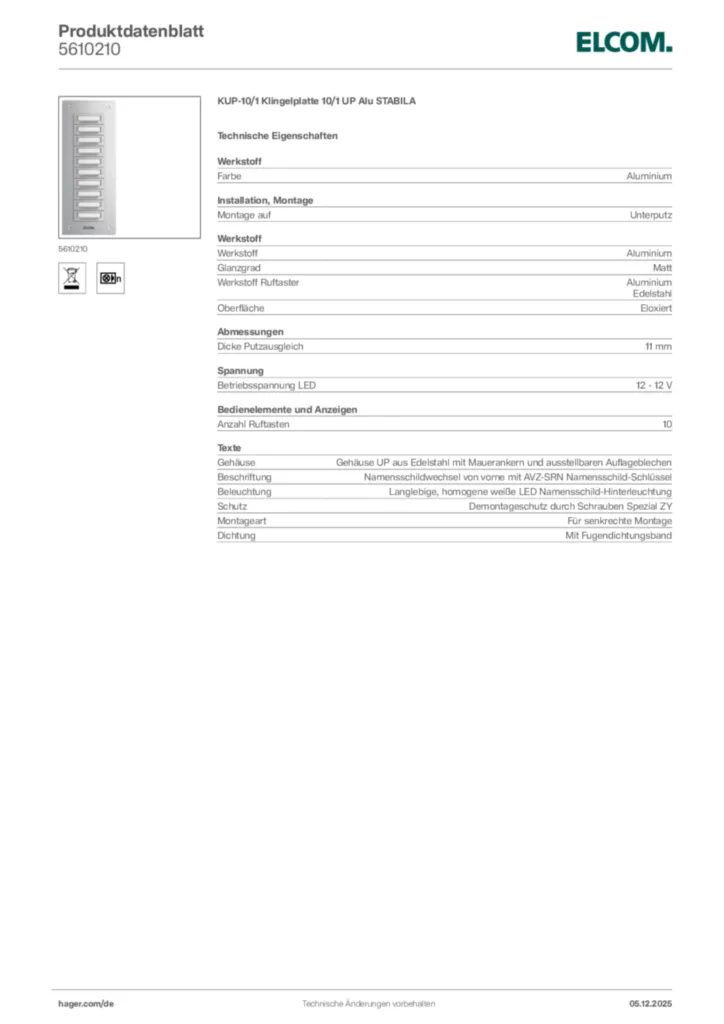 Bild Elcom Produktdatenblatt 5610210 | Hager Deutschland