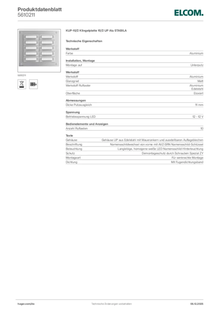 Bild Elcom Produktdatenblatt 5610211 | Hager Deutschland
