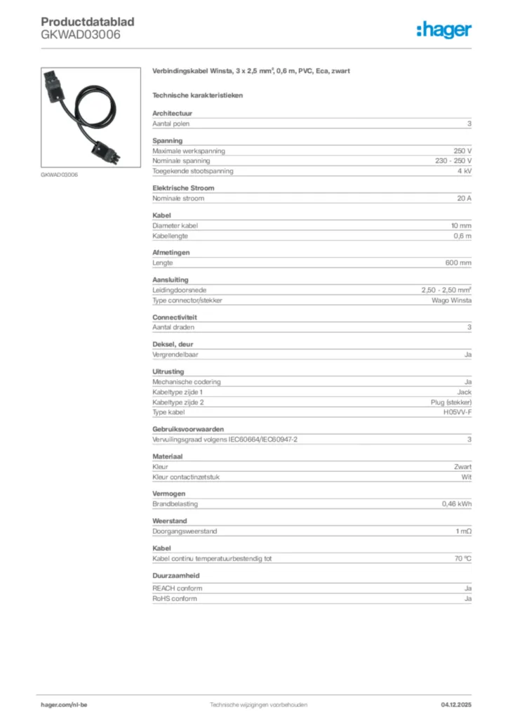 Afbeelding Hager Productdatablad GKWAD03006 | Hager Belgium