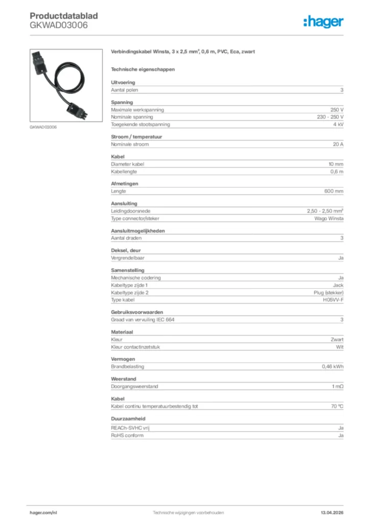 Afbeelding Hager Productdatablad GKWAD03006 | Hager Nederland