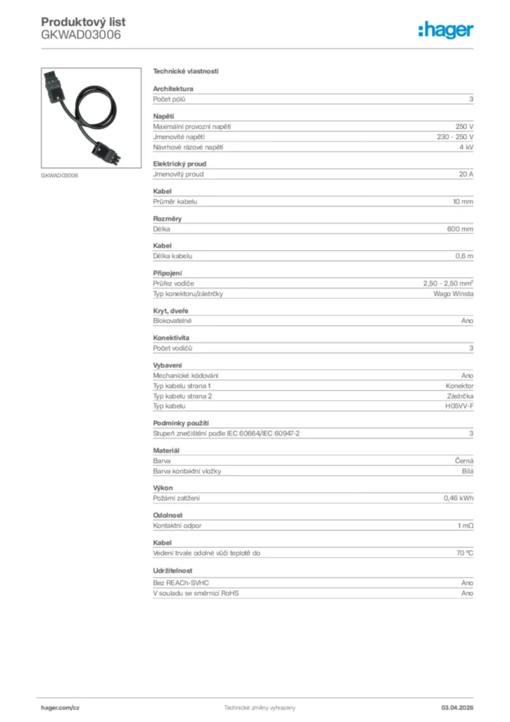 Obrázek Hager Product data sheet GKWAD03006 | Hager