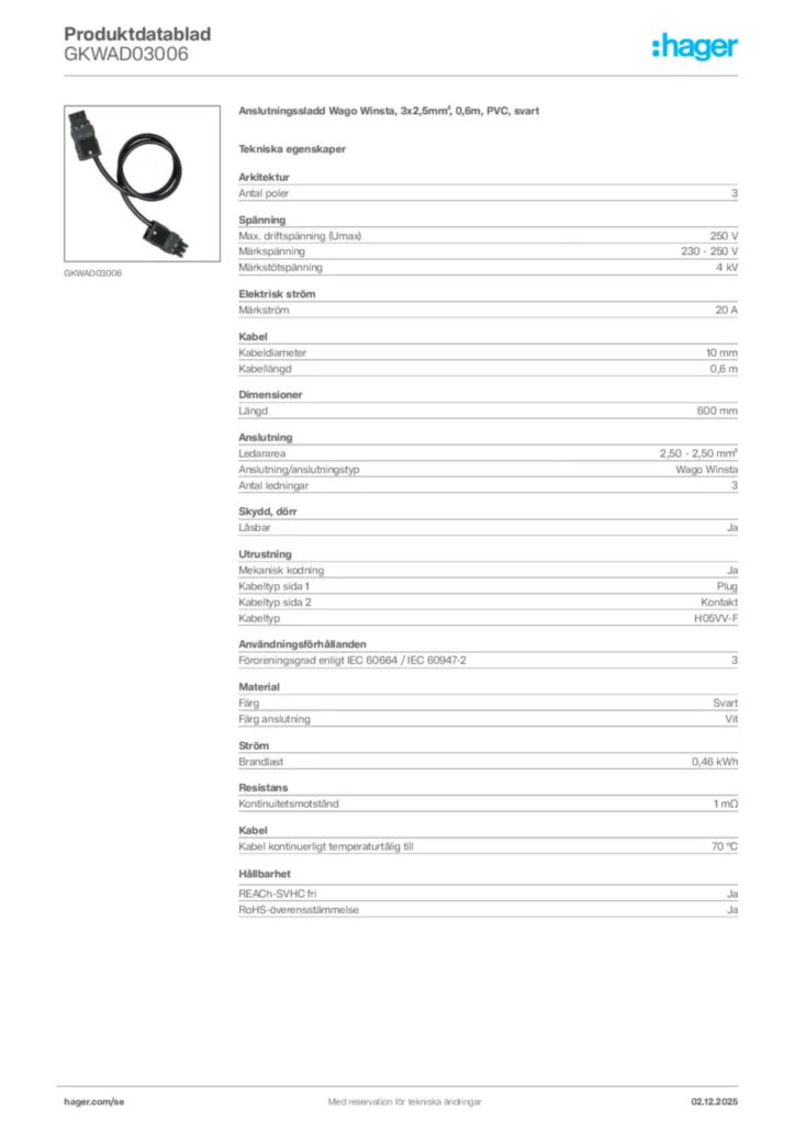 Bild Hager Produktdatablad GKWAD03006 | Hager Sverige