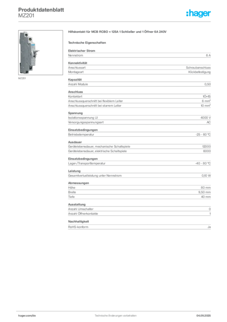 Bild Hager Produktdatenblatt MZ201 | Hager Deutschland