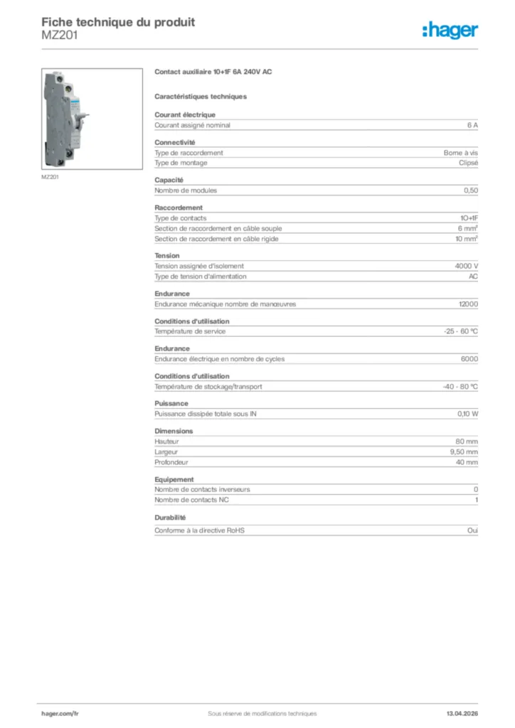 Image Hager Fiche technique du produit MZ201 | Hager France