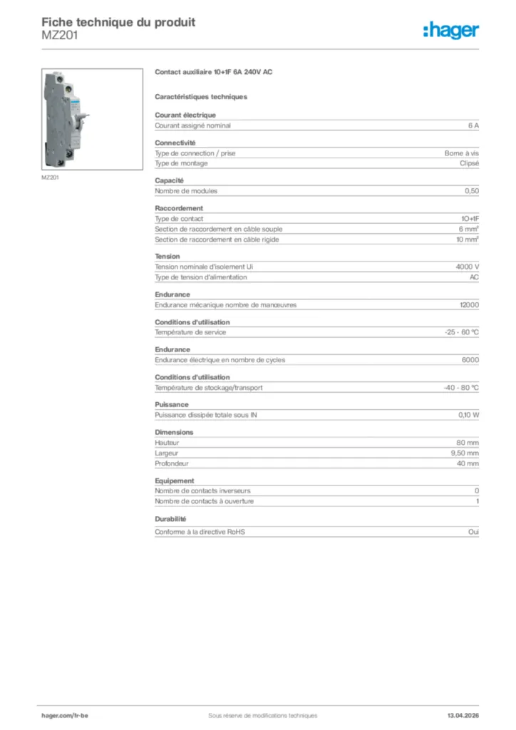 Image Hager Fiche technique du produit MZ201 | Hager Belgique