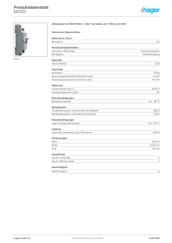 Bild Hager Produktdatenblatt MZ201 | Hager Schweiz