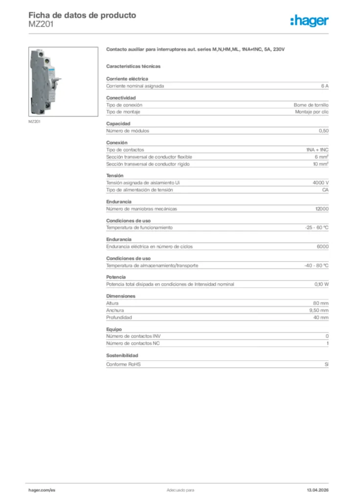 Imagen Hager Ficha de datos de producto MZ201 | Hager España