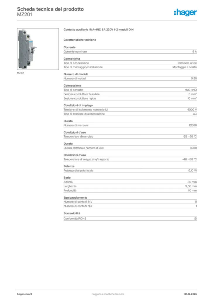 Immagine Hager Scheda tecnica del prodotto MZ201 | Hager Italia