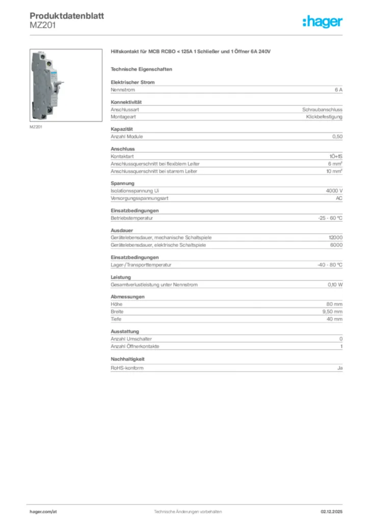 Bild Hager Produktdatenblatt MZ201 | Hager Deutschland