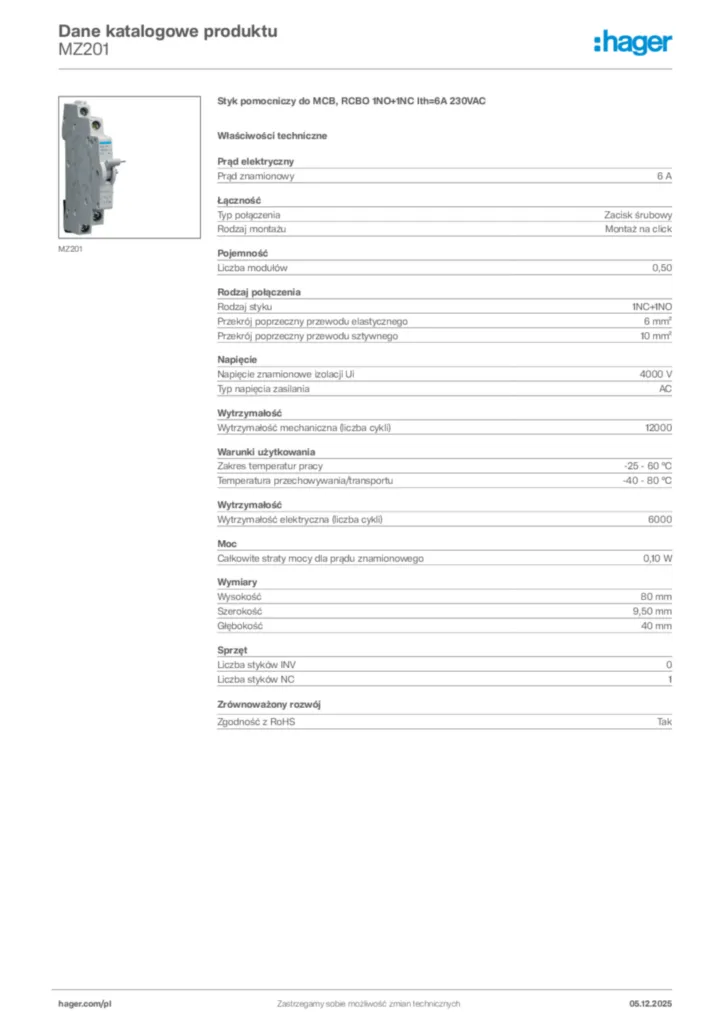 Zdjęcie Hager Dane katalogowe produktu MZ201 | Hager Polska